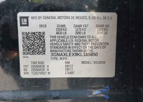 2019 Chevrolet Equinox Lt из США, поврежденный, VIN 3GNAXLEX9KL185850